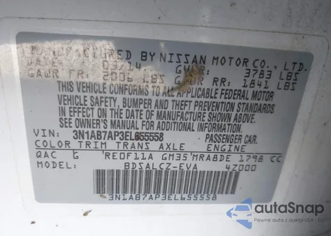 2014 Nissan Sentra S z USA, uszkodzony, nr VIN 3N1AB7AP3EL655558